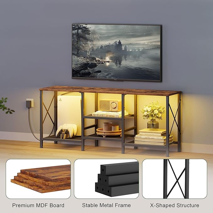 TV Stand with LED Lights for 55 Inch TV, Entertainment Center with 3-Tier Open Shelves, TV Console Table for Living Room, Bedroom, Rustic Brown