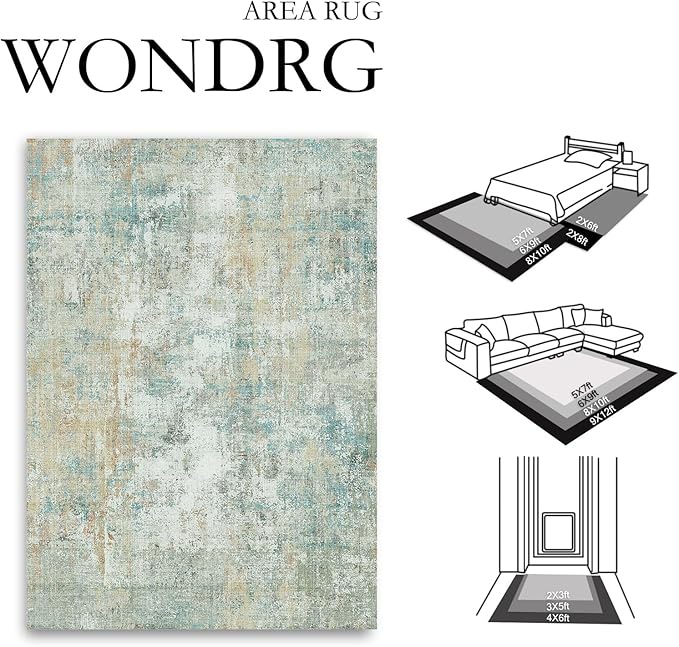 6x9 Washable Area Rug Teal Beige Modern Neutral Abstract Living Room Bedroom Indoor Floor Carpet Low Pile Soft Non-Slip Lightweight Vacuumable Throw Rug for Nursery Dining Room Office