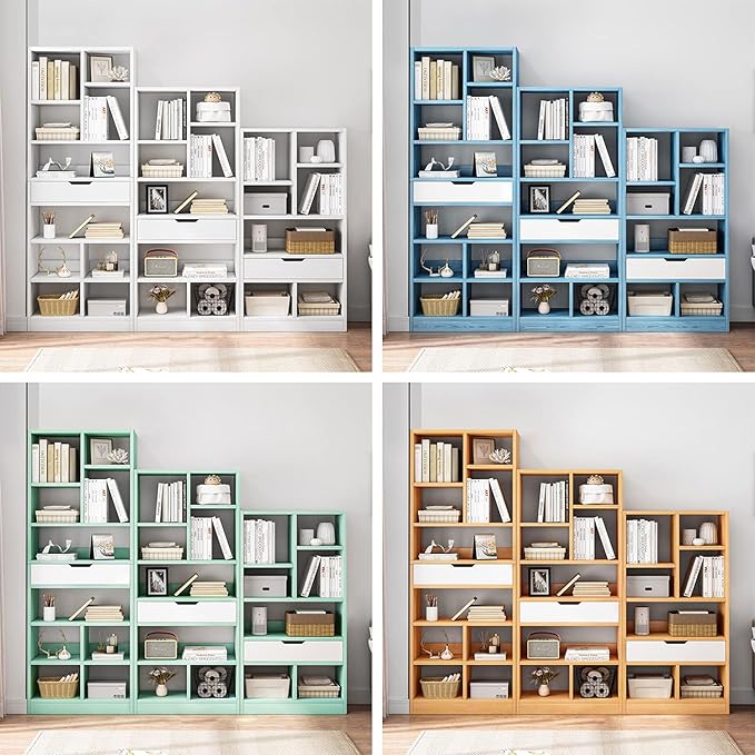 IOTXY Wooden Open Shelf Bookcase - 51" Height Freestanding Display Storage Cabinet Organizer with 7 Cubes and a Drawer, Floor Standing Bookshelf, Yellow