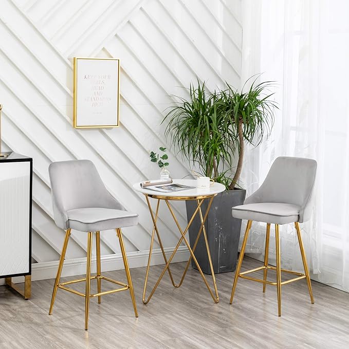 BTEXPERT Set of 2. Upholstered Dining Bar Chairs Footrest High Back Counter Height Barstools, Tufted Grey Velvet Gold Frame 25" Modern Kitchen Island Stool