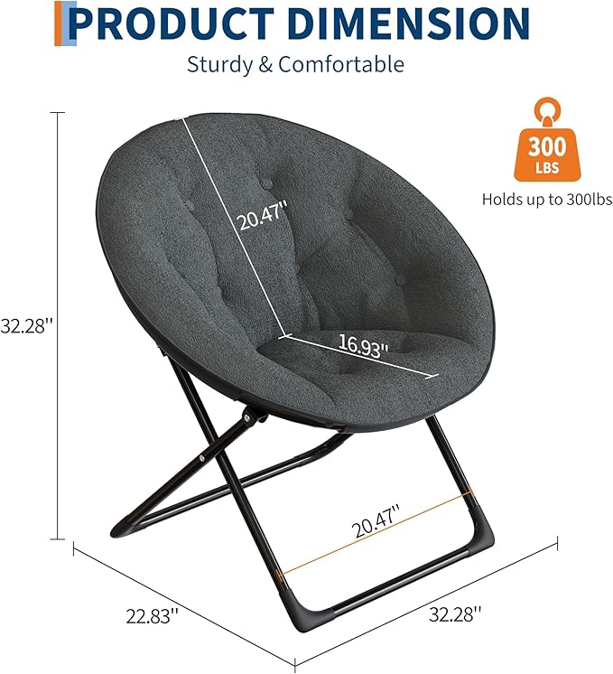 Comfy Saucer Chairs, Folding Reading Lounge Chair, Cozy Faux Fur Living Room Chair with Soft Thick Padded Seat & Metal Frame, Modern Style Bedroom Home for Kids Adults, X-Large, Gray