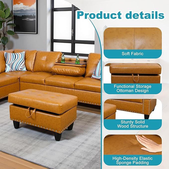 L Shaped Couch PU Leather Sectional Couch Upholstered 3 Pieces Sofas for Living Room with Chaise, Storage Ottoman for Office and Small Apartment, Ginger