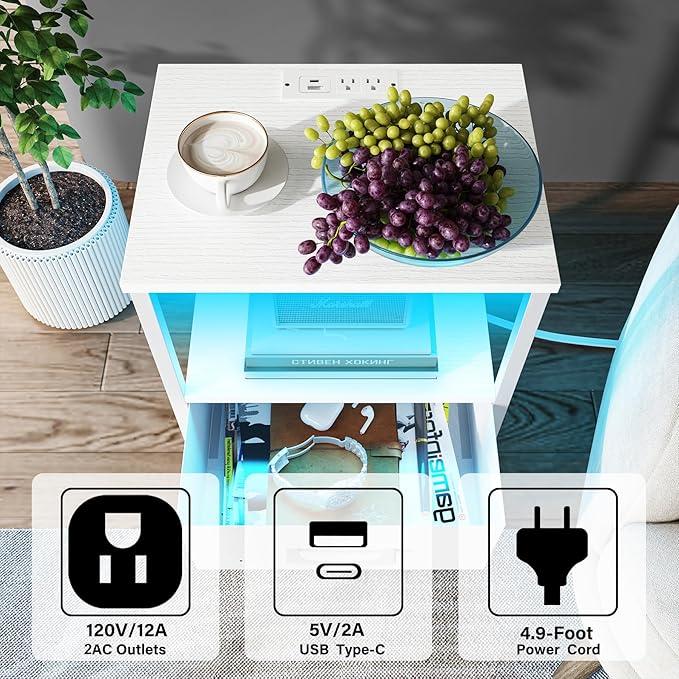 TUTOTAK LED End Table with Charging Station, Nightstand with Cloth Drawer, Side Table with 1 USB Port and 1 Type-C Port, Set of 2, Couch Table, White TB01BW052L