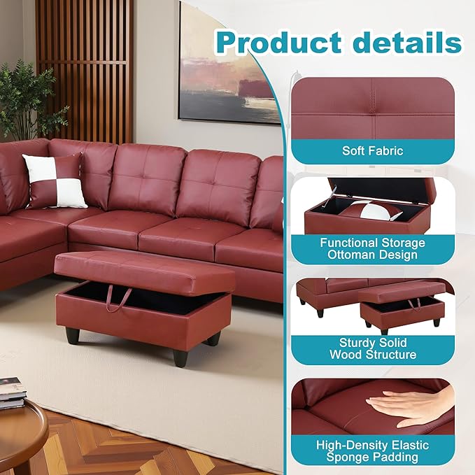 L Shaped Couch Faux Leather Sectional Couch Upholstered 3 Pieces Sofas for Living Room with Chaise, Storage Ottoman for Office and Small Apartment, Dark Red