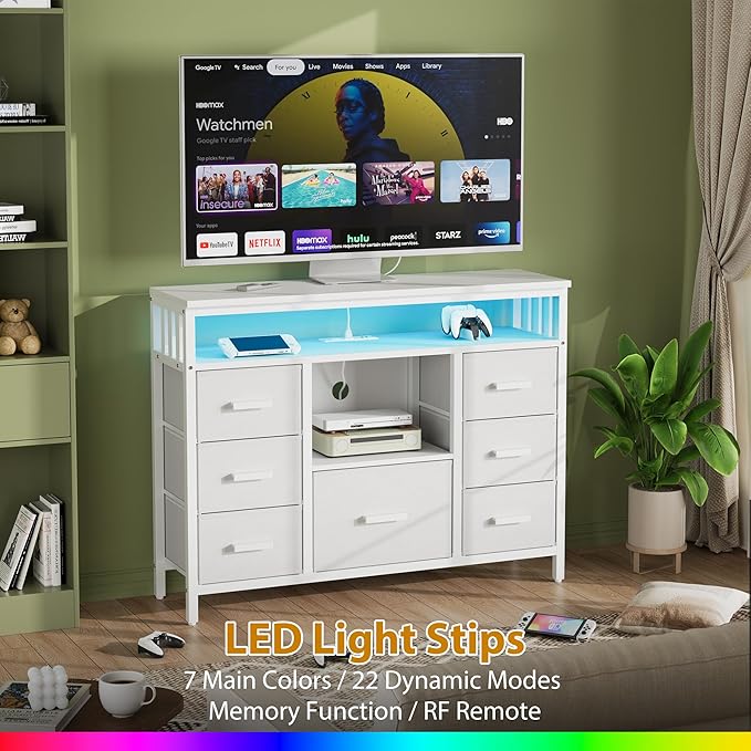 7 Drawer Dresser TV Stand with Power Outlets and LED Lights, Entertainment Center with Open Shelf, Media Console for 50“ TV, Dresser for Bedroom (White)