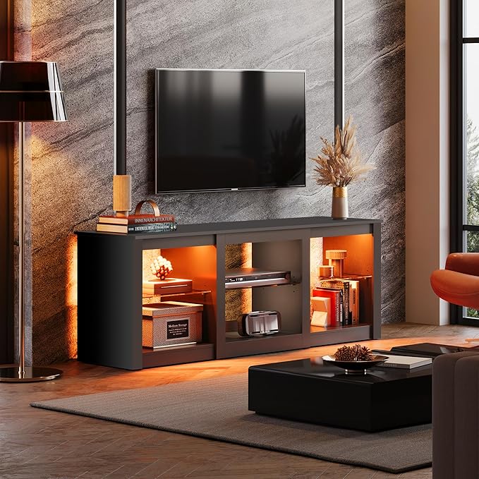 WLIVE LED TV Stand for 65 Inch TV, Modern Entertainment Center with Adjustable Glass Shelves & Customizable LED Lights, Sturdy Media Console for Living Room, Bedroom,Gaming (Black)