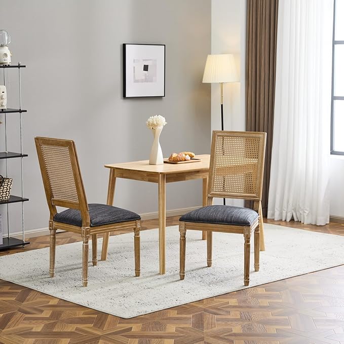 Merax Upholstered Solid Wood Dining Chairs Set of 2, French Country Style Accent Side Seating Furniture for Kitchen, Living Room, Wicker Back, Blue Gray
