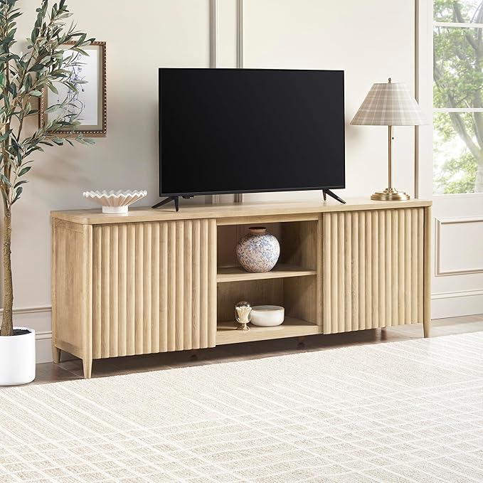 Walker Edison Scandinavian Reeded TV Stand with Open Storage for up to 80" TV Coastal Oak