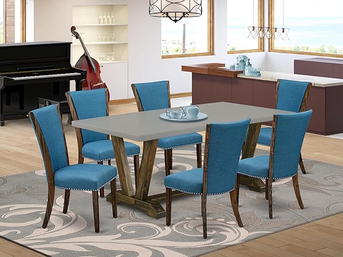 East West Furniture V797VE721-7 7 Piece Dining Table Set Consist of a Rectangle Dining Room Table with V-Legs and 6 Blue Color Linen Fabric Upholstered Chairs, 40x72 Inch, Multi-Color