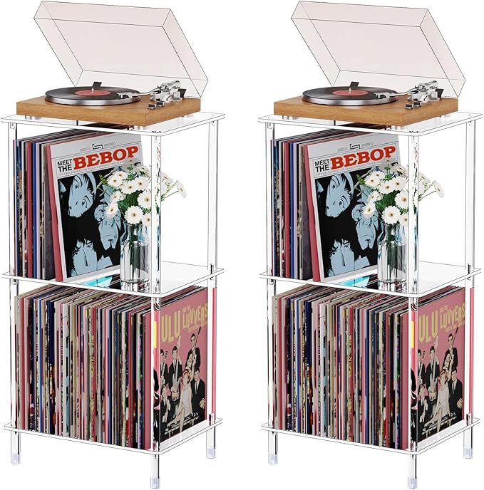 Acrylic Record Player Stand Set of 2, 3-Tier Clear Turntable Table with Vinyl Record Storage, 15.75" L x 11.81" W x 30.7" H, Tall Modern Side Table/End Table for Living Room, Bedroom