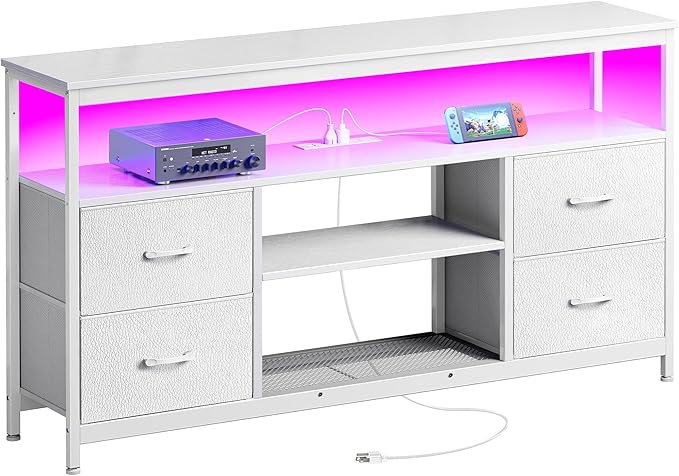 Huuger TV Stand Dresser with Power Outlets and LED Lights, 4 Drawers Entertainment Center with Shelves, 54 Inch Media Console for 55 60 Inch TV, 4 AC Outlets, 2 USBs, Dresser with PU Finish, White