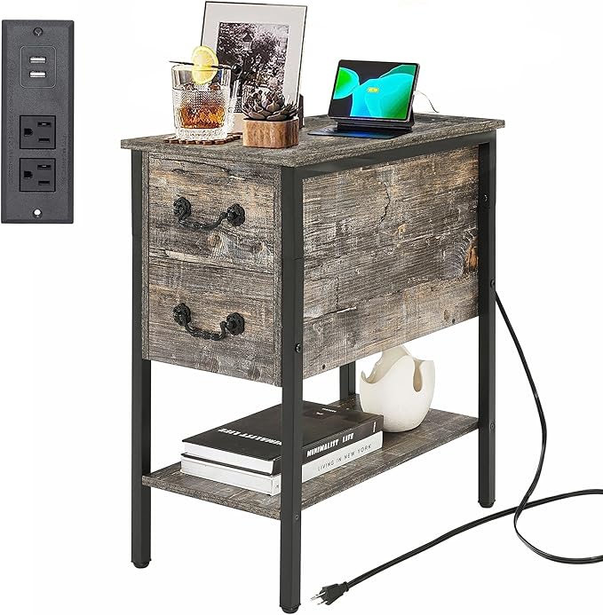VECELO End Tables,Narrow Nightstands with Charging Station & USB Ports &Drawers,Night Stand for Living Room, Bedroom,Misty Gray
