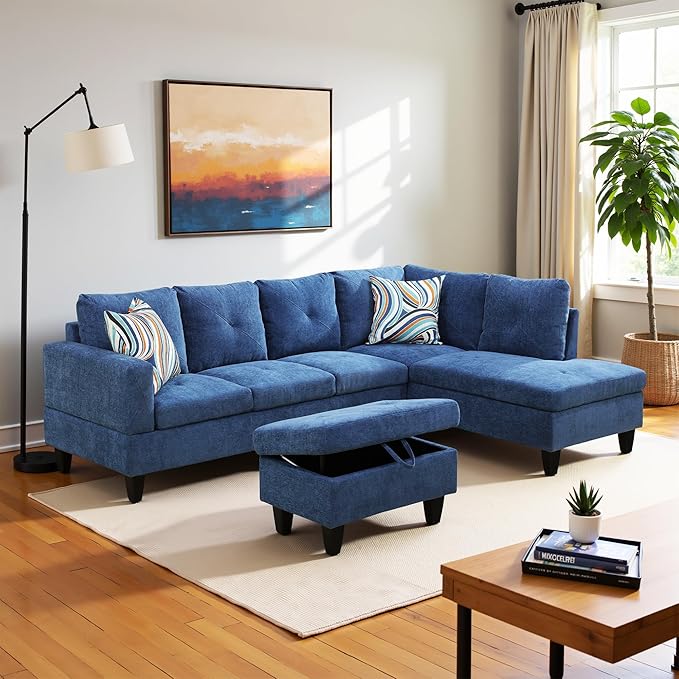 Couches for Living Room Modern L Shaped Couch Comfy Linen Fabric 3 Pieces Sectional Sofa with Chaise, Ottoman with Storage for Office and Small Apartment, Blue