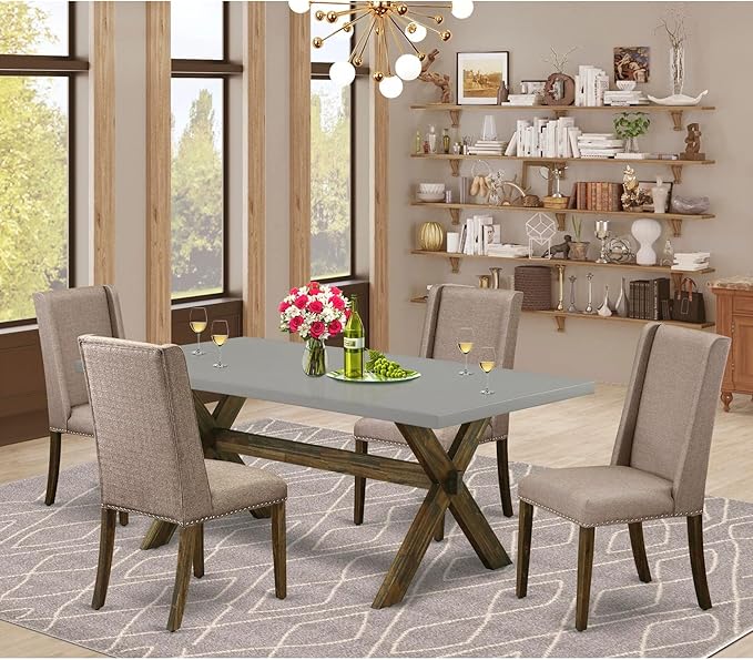 East West Furniture X797FL716-5 5 Piece Dining Table Set for 4 Includes a Rectangle Kitchen Table with X-Legs and 4 Dark Khaki Linen Fabric Parson Dining Chairs, 40x72 Inch, Multi-Color