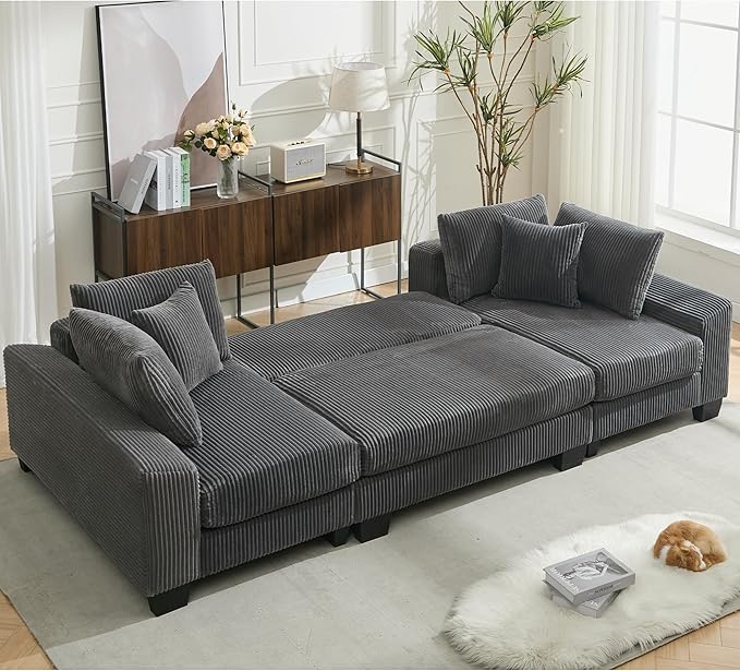 Symmetrical U Shaped Sectional Sofa Convertible Pull Out Sleeper Sofabed with Double Chaise Daybed , Corduroy Upholstered U Shaped Lounge Sofa Couch Bed w/ Throw Pillows for Living Room Apartment
