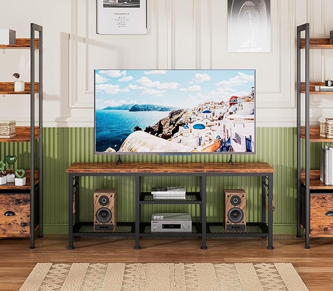 Furologee TV Stand for TVs up to 55 Inch, Entertainment Center with Open Storage Shelves, Media Console Table with Soundbar Shelf for Living Room, Bedroom, Rustic Brown
