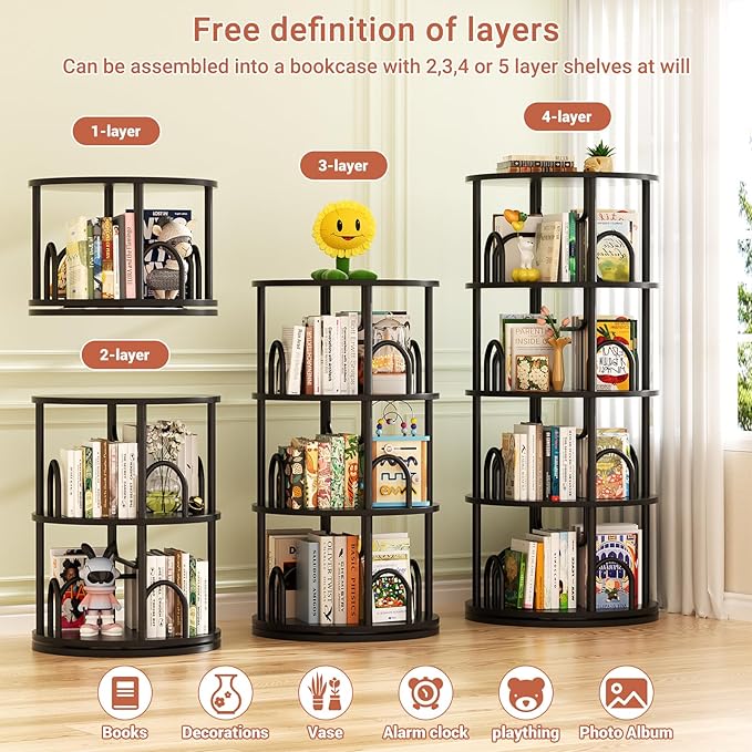 Aheaplus 4 Tier Rotating Bookshelf Tower, 360 Display Spinning Bookcase, Revolving Round Book Shelf Narrow Swivel Bookshelf, Vertical Turning Spiral Corner Book Organizer for Small Space, Black