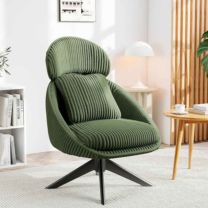 Furniliving Upholstered Swivel Accent Chair for Living Room, Modern Armchair Side Chair with Headrest Bedroom Chair with Metal Legs Comfy Sofa Chairs with Pillow, Large, Corduroy, Green