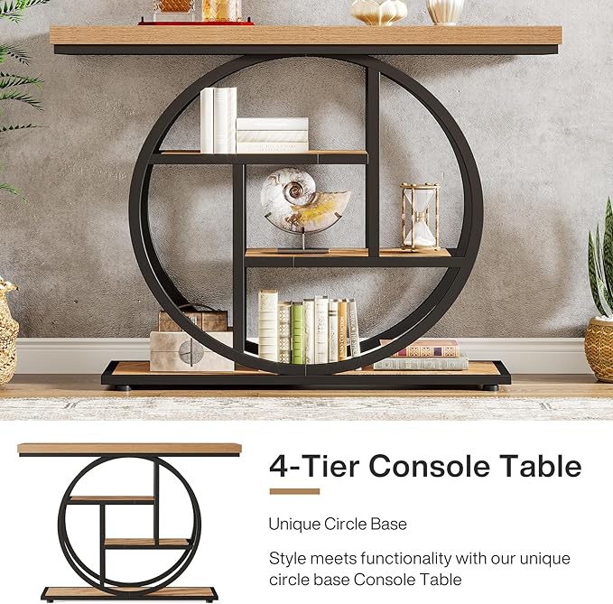 Tribesigns 41.3" Console Table, Industrial 4-Tier Sofa Table Entryway Table with Circle Base, Narrow Wood Accent Tables with Storage Shelves for Living Room, Hallway, Foyer, Light Brown