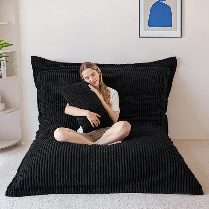MAXYOYO Giant Bean Bag Chair with Pillow, 3 in 1 Convertible Bean Bag Chair for Adults with Washable Cover, Removable Floor Cushion Stuffed Floor Lounger for Living Room Bedroom, Black, Full