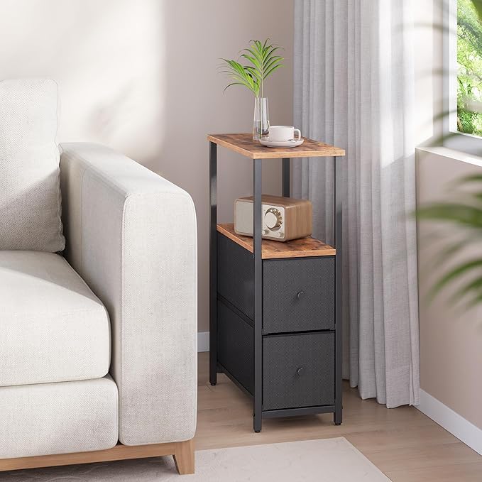 TUTOTAK Small Narrow End Table, Set of 2, Side Table, Nightstand with 2 Cloth Drawers, Couch Table, for Living Room, Bedroom, Bedside, Brown and Black TB01BB054K