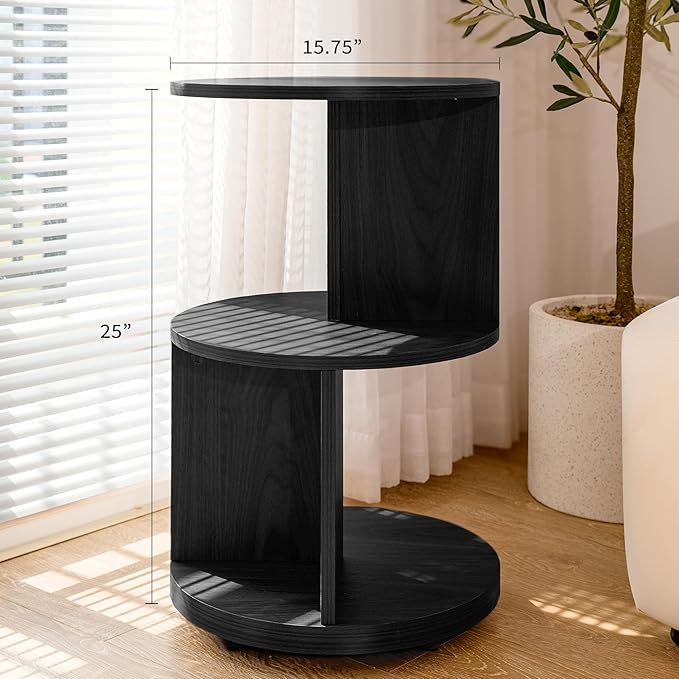 KAYMILY Living Room Side Table, Office Round Bookshelf End Table, Bedroom Mid Century Modern Nightstands, Contemporary Accent Tables - Easy Assembly - MDF Wood - Revolving - Black