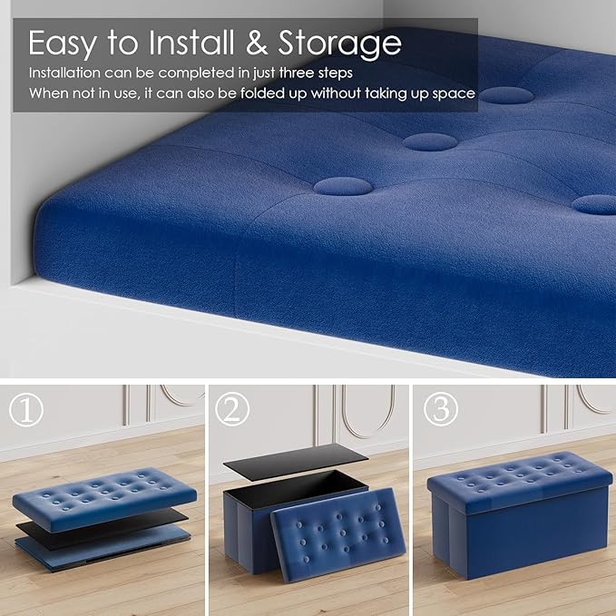 PRANDOM Jumbo Ottoman with Storage [1-Pack] Velvet Folding Small Square Foot Stool with Lid for Living Room Bedroom Coffee Table Dorm Royal Blue 43x15x15 inches
