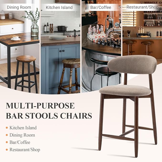 COLAMY Bar Stools Set of 2, Counter Height BarStools with Back, Mid Century Modern Upholstered, with Wood Legs for Kitchen Island Dining Room, Camel