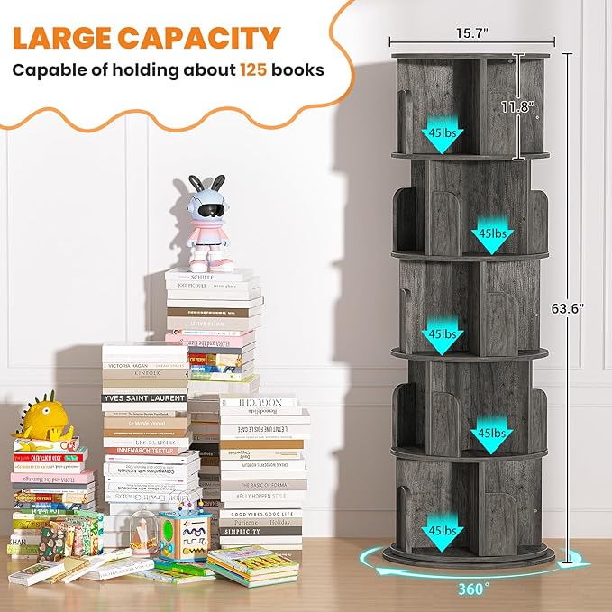 Rotating Bookshelf Tower, 5 Tier Spinning Bookcase, Revolving 360 Book Shelf Narrow Tall Bookcase, Vertical Turning Round Bookshelf Organizer, Wood Corner Book shelf for Small Space, Black Oak