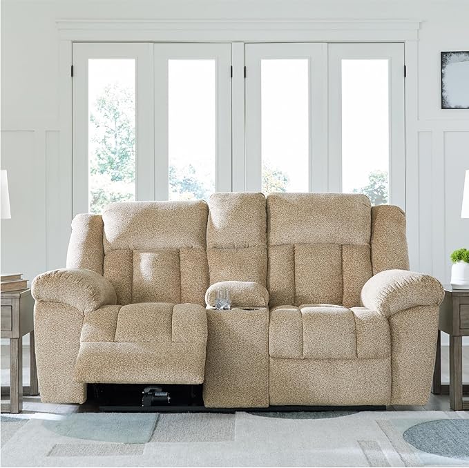 Signature Design by Ashley Tip-Off Classic Wall Hugger Power Reclining Loveseat with Adjustable Headrest, USB Ports, Storage and Cup Holders, Light Brown