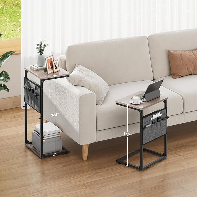 Vagusicc C Shaped End Table, 33'' Tall Side Table for Couch, Adjustable Height Small Couch Side Table for Small Spaces, C Table Slide Under Sofa Table TV Tray Arm Table for Living Room, Bedroom, Grey