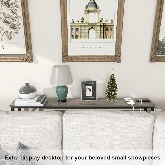 Tohomeor 5.9" Skinny Behind Sofa Console Table with Charging Station 47.2" Narrow Long Behind Couch Table with Power Outlets USB Ports Thin Entry Table for Entryway Living Room Hallway Retro Grey