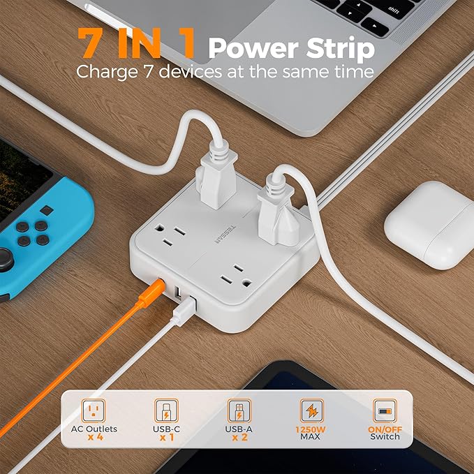 Surge Protector Flat Extension Cord 15Ft, TESSAN Flat Plug Power Strip with 4 Outlets 3 USB Ports (1 USB C), 900 Joules Protection, Multiple Wall Outlet Extender Suitable for Home Office Dorm, White