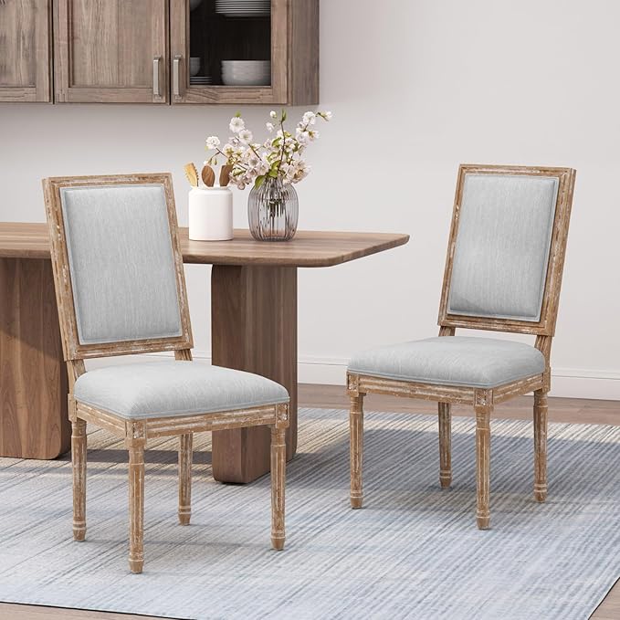 Merax Upholstered Solid Wood Dining Chairs Set of 2, French Country Style Accent Side Seating Furniture for Kitchen, Living Room, Cushioned Back, Light Grey