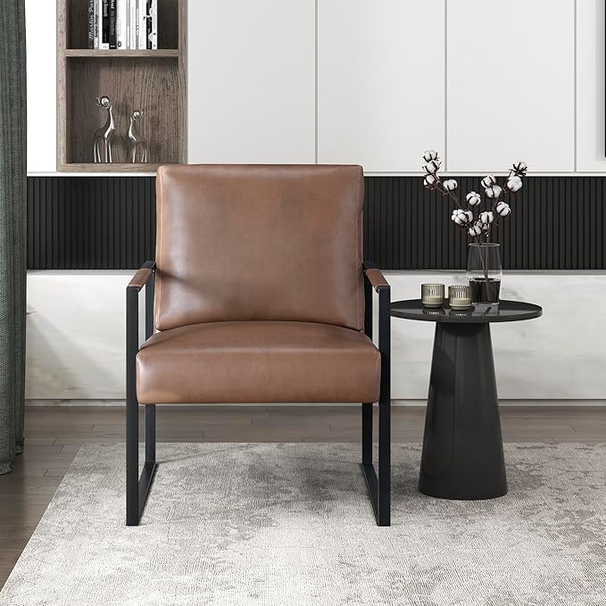 Lexicon Modern Accent Chair, Faux Leather Upholstered Living Room Chair with Wrapped Armrests, Arm Chair with Black Metal Frame, Comfy Single Chair for Living Room/Bedroom/Reading Room/Office, Brown