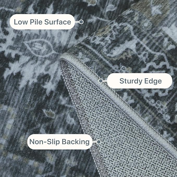 GENIMO 7'6''x9'6'' Area Rugs for Living Room, Machine Washable Non Slip Vintage Rugs, Low Pile Lightweight Chenille Print Rug for Bedroom, Dining Room, Home Office,Dark Gray