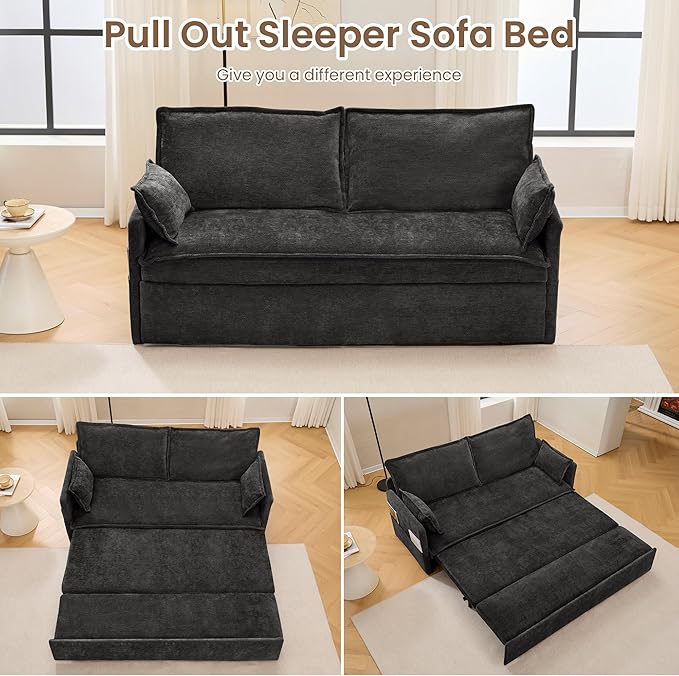Furnimart 59.5" Queen Size Pull Out Sofa Bed, 3 in 1 Convertible Sleeper Bed with USB/C-Type Charging Ports & Side Pockets, Modern Futon Couch for Living Room, Apartment, RV, Chenille Black