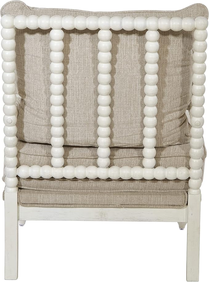 OSP Home Furnishings Kaylee Spindle Accent Chair with Antique White Wood Frame, Beige Linen Fabric