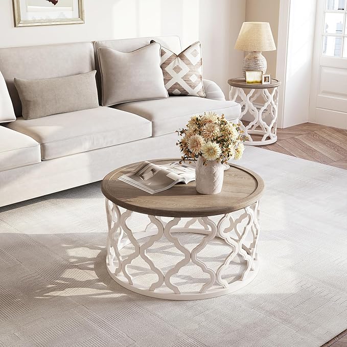 karlott Farmhouse Coffee Table, French Country Round Coffee Table with Distressed Tray Top, Coastal Coffee Table with Curved Motif Frame Base, Boho Coffee Table for Living Room, Dining Room, Bedroom