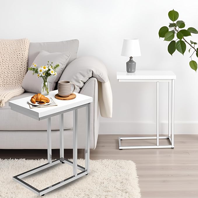 Lavish Home C-Shaped Side Tables Set of 2 – Modern Sofa End Tables or Bedside Nightstands – Space-Saving Laptop Tray Tables for Small Spaces (White)