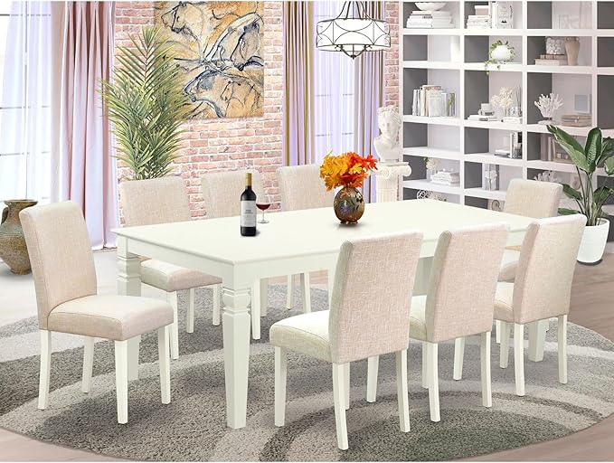East West Furniture LGAB9-LWH-02 9 Piece Dining Table Set Includes a Rectangle Dining Room Table with Butterfly Leaf and 8 Light Beige Linen Fabric Parsons Chairs, 42x84 Inch, Linen White