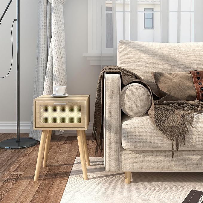 LAATOOREE Bedside Table Set of 2, Boho End Table with Solid Wood Feet for Bedroom and Living Room