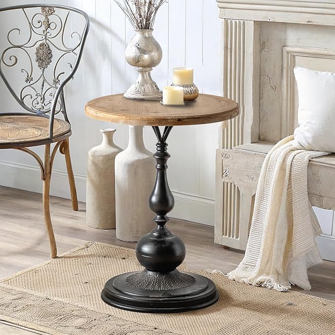 Round End Table Living Room, Vintage Side Table, Farmhouse Pedestal Table for Bedroom, Retro Wood Accent Tables for Home Decor, Patio Black