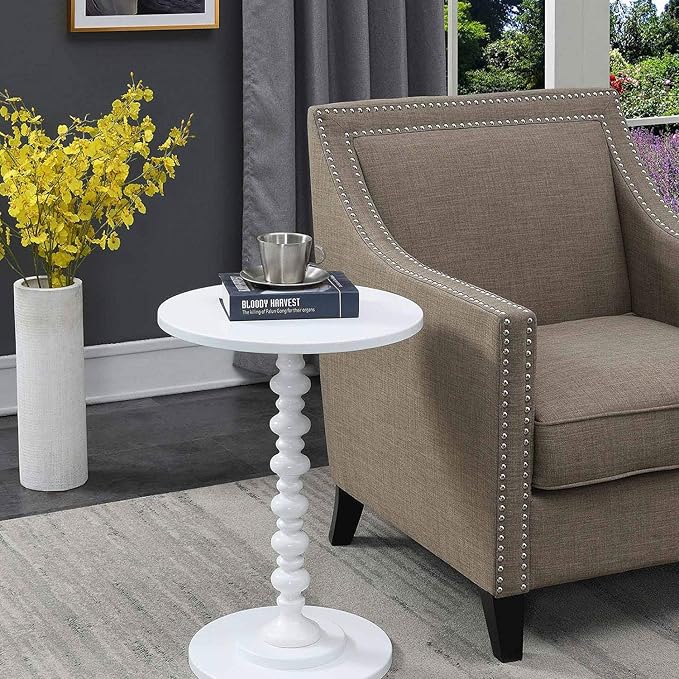 Convenience Concepts Palm Beach Spindle 17.75" Traditional Round End Living Room, Turned Solid Wood Side, Classic Display Pedestal Table, White