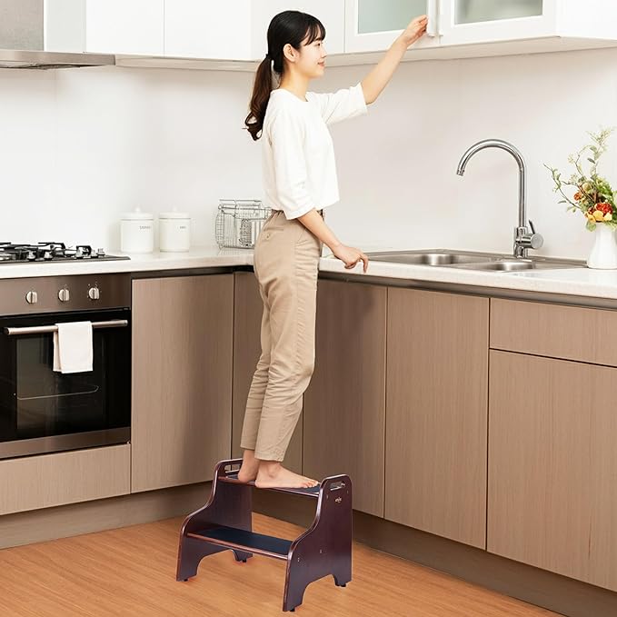 2-Step Wooden Step Stool for Adults & Kids – Non-Slip Bed, Bathroom, Kitchen, and Closet Use – Heavy-Duty Portable Step with Handles – 400 lb Capacity