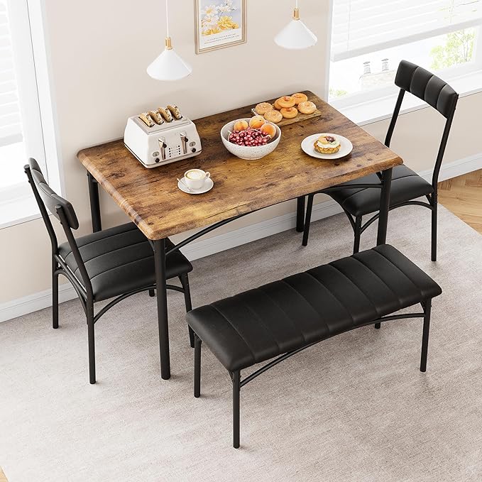 Dining Table Set for 4, Small Dining Table Set with Upholstered Bench and 2 Chairs, Kitchen Table and Chairs for 4, for Small Space, Apartment, Dinner, Rustic Brown
