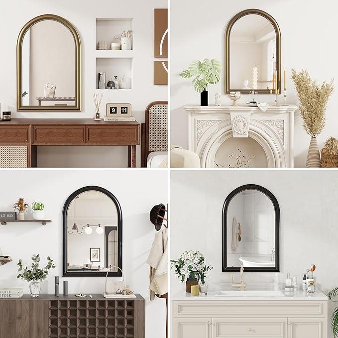 Axeman 32x48 Arched Wall Mirror, Decorative Bathroom Mirror, Traditional Vintage Wall Mounted Mirror with Beaded Frame for Accent Living Room Vanity Bedroom Entryway, Gold