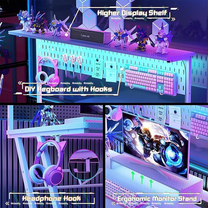 Armocity 53'' White Gaming Desk with Hutch and LED Lights, Gaming Computer Desk with Storage Shelves & Z-Shaped Legs, Reversible PC Game Desk with Pegboard for Bedroom, Carbon Fiber Surface