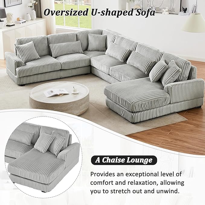 129" Oversized U Shaped Modular Sectional Sofa Couch for Living Room 7 Seater Plush Corduroy Upholstered Large Sofa Deep Seat Cloud Couch with Extra Wide Chaise Lounge and Detachable Thick Cushions