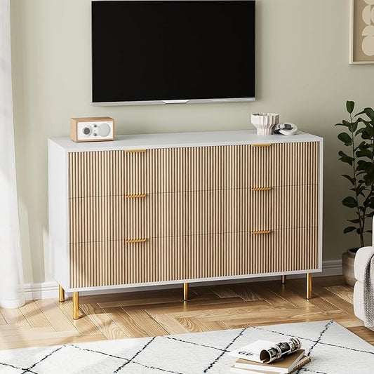 GarveeHome Dresser for Bedroom, Modern Chest of Drawers with Large Drawer, 6 Drawer Dresser with Gold Handles,Wood Storage Cabinet Organizer for Living Room, Hallway, Entryway, Natural